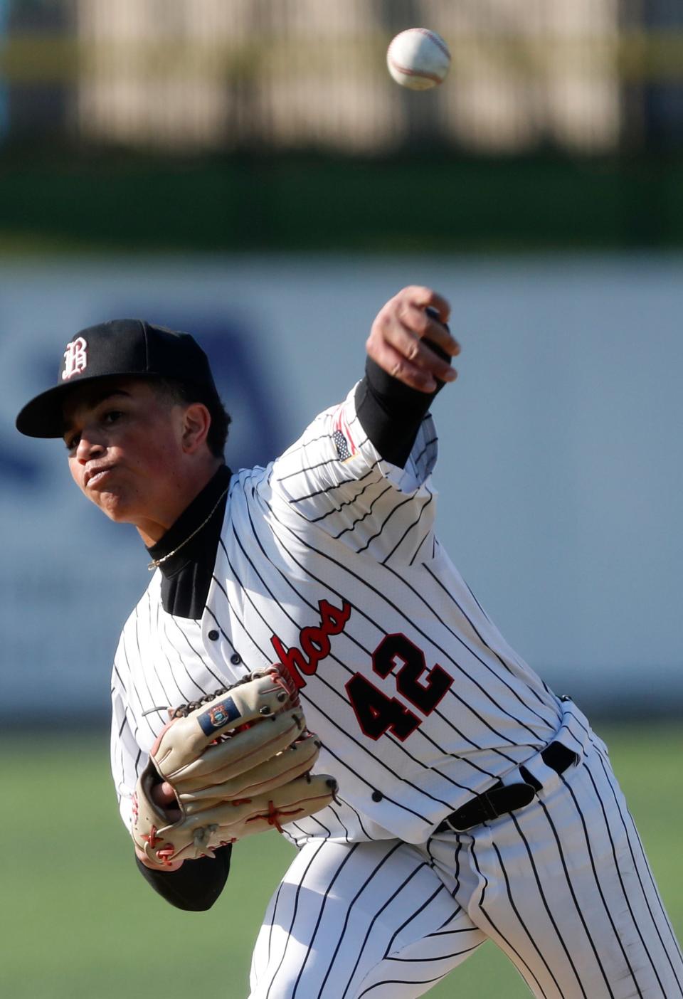 Lafayette Jeff Bronchos Miles Williams (42) pitches during the IHSAA baseball game against the McCutcheon Mavericks, Wednesday, May 3, 2023, at Loeb Stadium in Lafayette, Ind. Lafayette Jeff won 3-2.