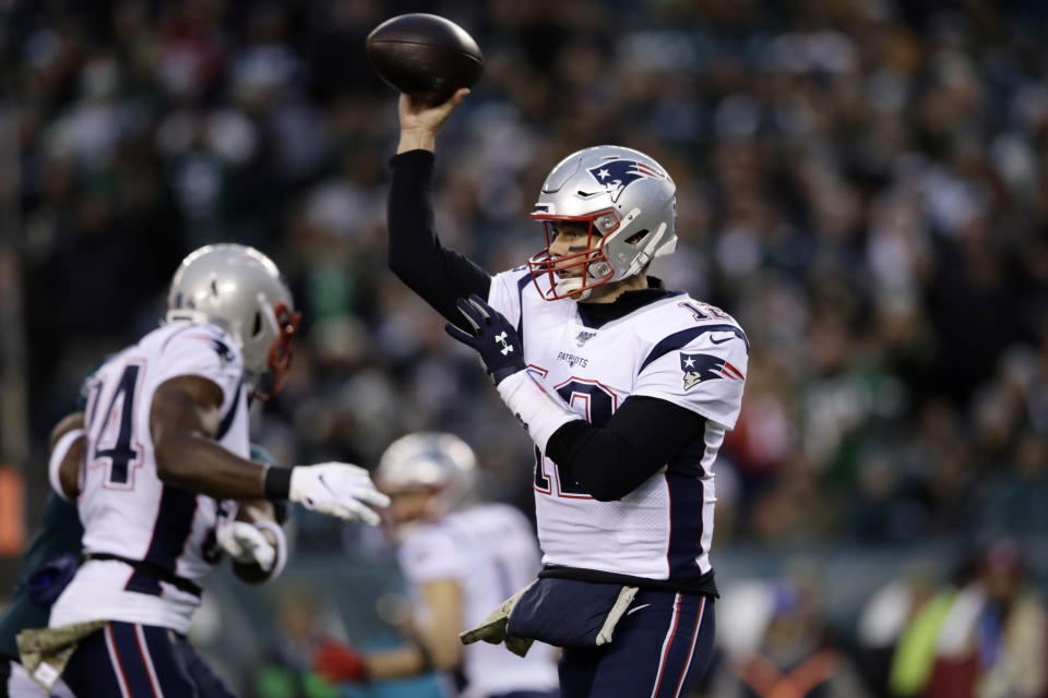 New England Patriots' Tom Brady passes during the first half of an NFL football game against the Philadelphia Eagles, Sunday, Nov. 17, 2019, in Philadelphia. (AP Photo/Matt Rourke)