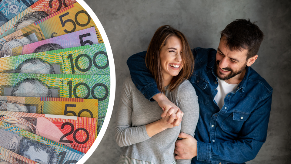 Australian money fanned out and a happy couple with their arms around each other.