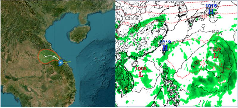 左圖：今晨2時中央氣象署「路徑潛勢預測圖」顯示，熱帶低壓已登陸越南中部，沒有成颱的機率。 右圖：歐洲模式模擬顯示，29日20時南海及菲律賓東方海面各有熱帶擾動發展，北部海面有微弱鋒面掠過。(擷自tropical tidbits)