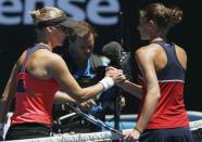 Tennis - Australian Open - Melbourne Park, Melbourne, Australia - 25/1/17 Croatia's Mirjana Lucic-Baroni shakes hands after winning her Women's singles quarter-final match against Czech Republic's Karolina Pliskova. REUTERS/Issei Kato