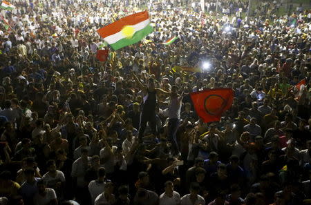 Supporters celebrate outside the pro-Kurdish Peoples' Democratic Party (HDP) headquarters in Diyarbakir, Turkey, June 7, 2015. REUTERS/Osman Orsal