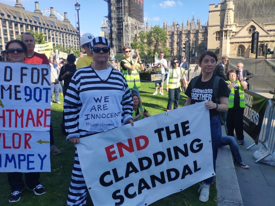 Demonstrators called for an end to the cladding crisis outside Parliament  (.)