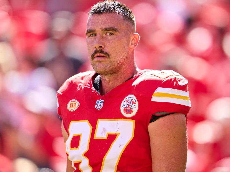 Travis Kelce #87 of the Kansas City Chiefs looks on before kickoff against the Chicago Bears at GEHA Field at Arrowhead Stadium on September 24, 2023