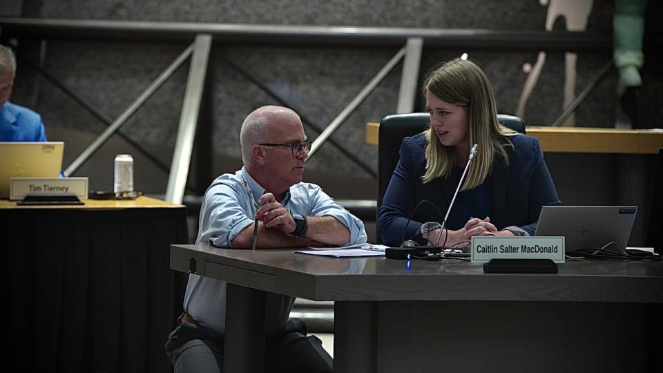 Kitchisippi Coun. Jeff Leiper speaks with Ottawa City Clerk Caitlin Salter MacDonald during a council meeting on July 10, 2024. 