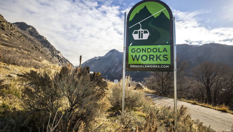 A Gondola Works sign is pictured near the mouth of Little Cottonwood Canyon in Cottonwood Heights on Dec. 7, 2021.