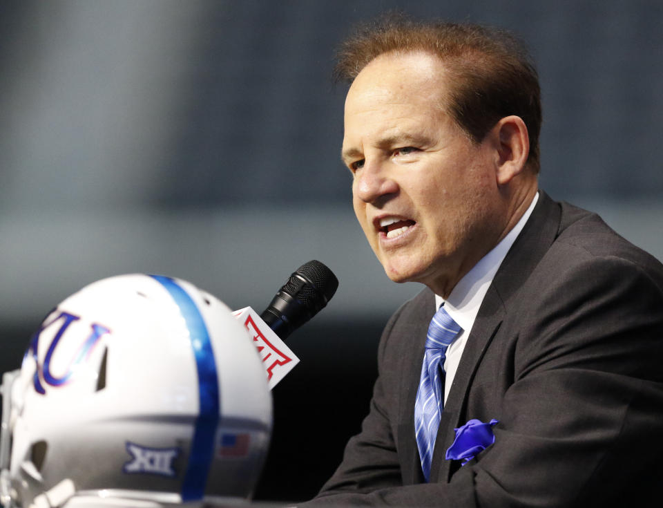 Kansas head coach Les Miles speaks on the first day of Big 12 Conference NCAA college football media days Monday, July 15, 2019, at AT&T Stadium in Arlington, Texas. This is Miles' first season at Kansas. (AP Photo/David Kent)