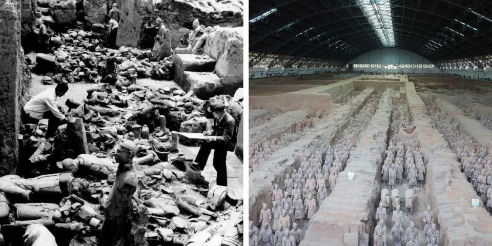 A partial view of life-size terracotta figures excavated in the pit surrounding the tomb of Qin Shinhuangdi and a modern view of the site today.