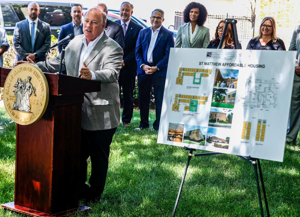 Detroit Mayor Mike Duggan talks about the former St. Matthews School becoming a 46 unit housing complex called the Residences at St. Matthews during a press conference at the school, Thursday, June 23, 2022. The complex will cost $17 million and take two years to complete.