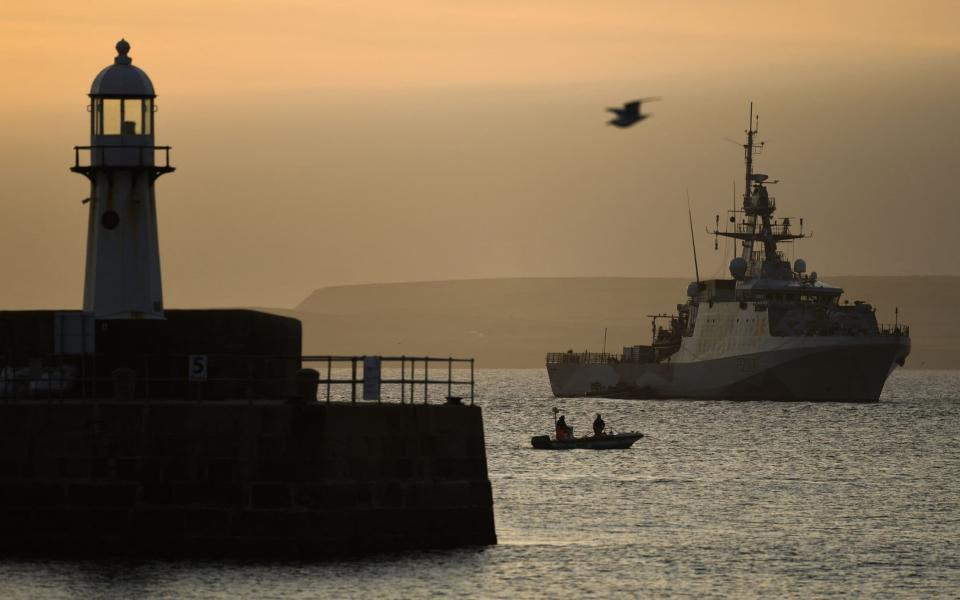 The offshore naval vessel HMS Tamar patrols the waters off St Ives, Cornwall  - DANIEL LEAL-OLIVAS/AFP via Getty