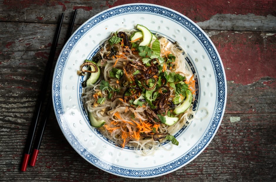 Cucumber and Carrot Vermicelli with Crispy Shallots