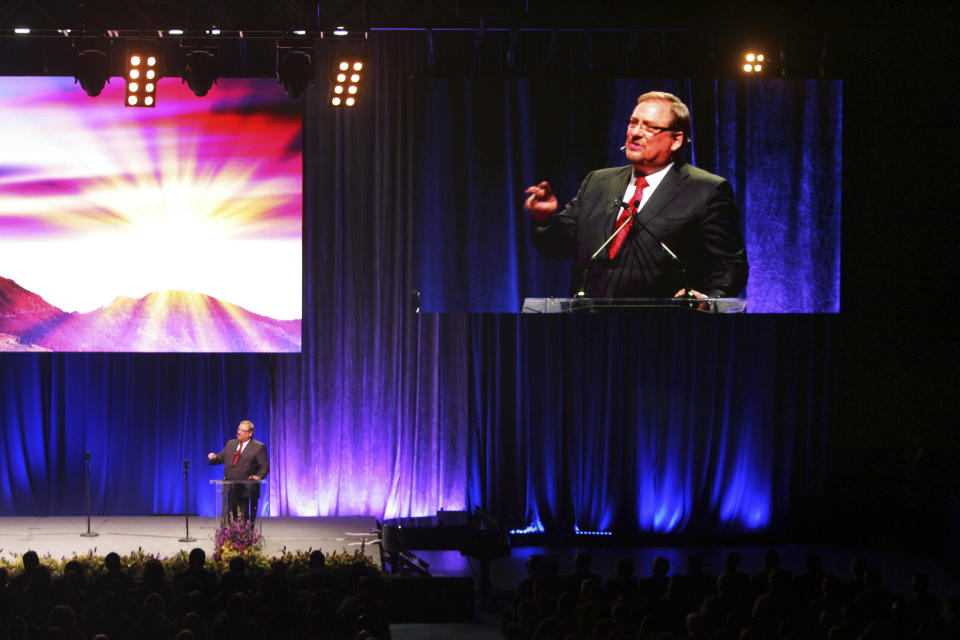 FILE - Evangelical pastor Rick Warren speaks during a memorial service in Ontario, Calif., Monday, Jan. 4, 2016, to help San Bernardino County employees mourn the 14 people killed in a shooting last month. Warren, who is expected to speak on behalf of Saddleback on Tuesday, June 13, 2023, at the opening of the Southern Baptist Convention’s annual meeting, has been intensifying a media blitz in what he acknowledges may be a lost cause. He is trying to get the Southern Baptist Convention to reverse its ouster of the California megachurch he founded, Saddleback Church, for having women pastors. (Stan Lim/The Orange County Register via AP)