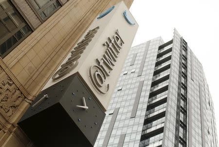 The Twitter logo is shown at its corporate headquarters in San Francisco, California April 28, 2015. REUTERS/Robert Galbraith