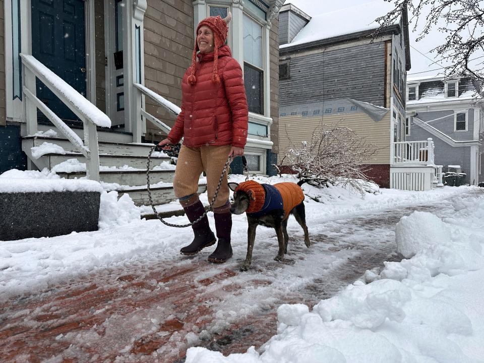Lisa Silverman walks her dog Riley after an early-spring Nor'easter on Thursday, April 4, in Portland, Maine. (AP Photo/David Sharp)