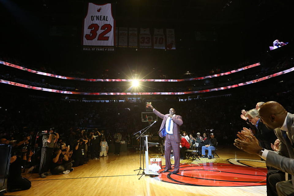 Shaquille O'Neal speaks at his number retirement ceremony on Dec. 22, 2016, at American Airlines Arena in Miami. (Joe Murphy/NBAE/Getty Images)