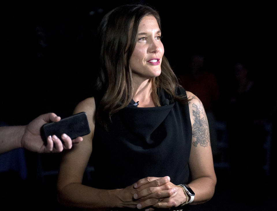 FILE - Erin Mendenhall talks to reporters during an election night party in Salt Lake City on Aug. 13, 2019. Mendenhall is seeking re-election as mayor of Utah’s capital Tuesday, Nov. 21, 2023 in a ranked-choice contest that includes a challenge by former Mayor Rocky Anderson. (Rick Egan/The Salt Lake Tribune via AP, file)