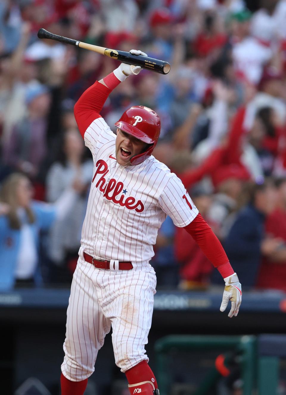 Philadelphia Phillies first baseman Rhys Hoskins celebrates after hitting a three-run home run against the Atlanta Braves during the third inning in Game 3 of the NLDS for the 2022 MLB Playoffs at Citizens Bank Park in Philadelphia on Oct. 14, 2022.