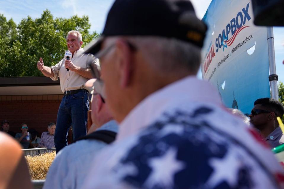 Democratic presidential candidate Robert F. Kennedy Jr., speaks during The Des Moines Register Political Soapbox at the Iowa State Fair, on Aug. 12.<span class="copyright">Jeff Roberson—AP</span>