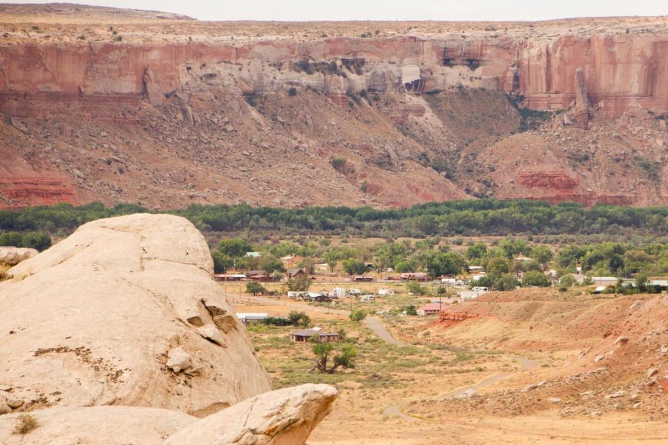 The small town Bluff, Utah, population 300, is visible from the mesa above the Cottonwood Wash.