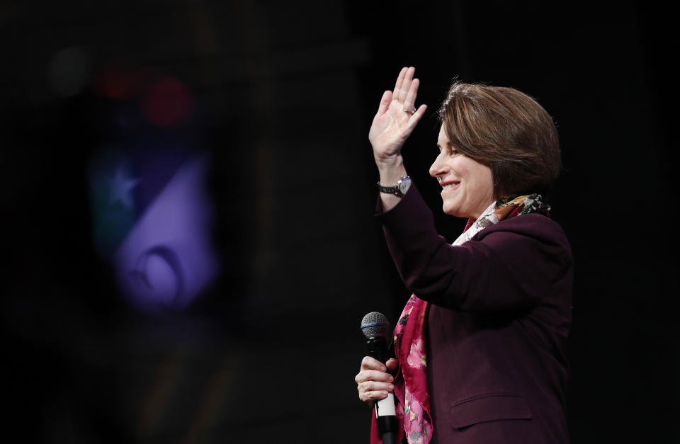 Democratic presidential candidate Sen. Amy Klobuchar, D-Minn., speaks at the LULAC Presidential Town Hall, Thursday, Feb. 13, 2020, in Las Vegas. (AP Photo/John Locher)