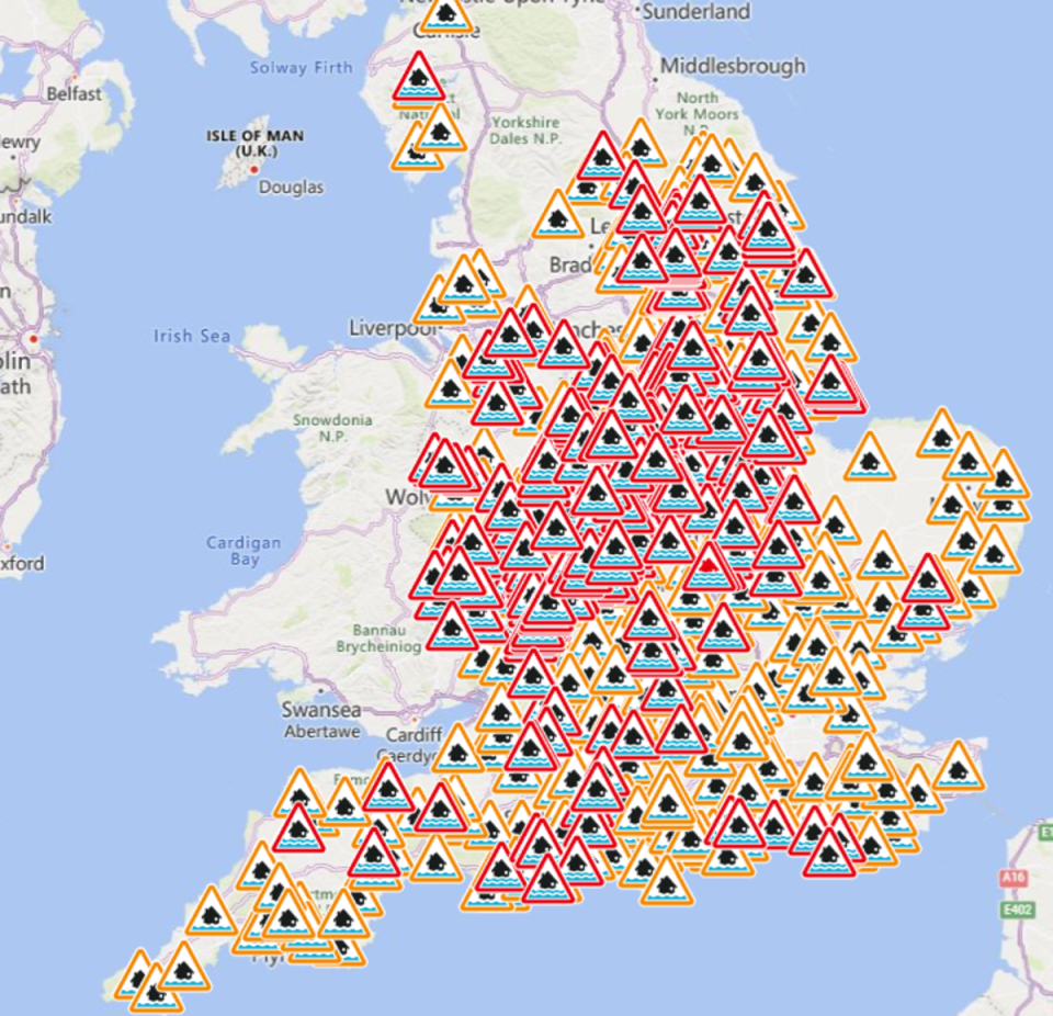Hundreds of warnings, in red, and alerts, in orange, are in place across the country (UK Government)