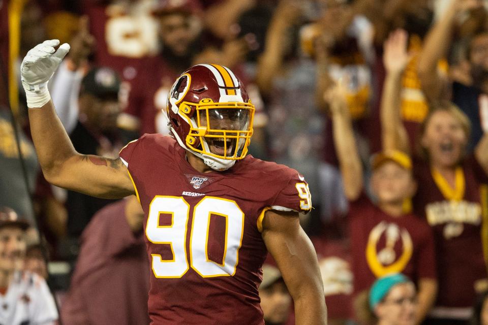 Sep 23, 2019; Landover, MD, USA; Washington Redskins linebacker Montez Sweat (90) reacts after the play against the Chicago Bears during the first half at FedExField. Mandatory Credit: Tommy Gilligan-USA TODAY Sports