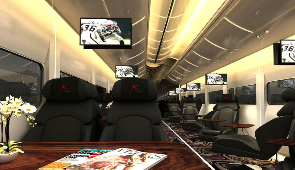 This undated artistic rendering provided by Las Vegas Railway Express shows the interior of the X Train, a proposed luxury Òparty train that would run from Fullerton, Calif., to downtown Las Vegas. For $99 each way, passengers would get food, drinks, access to two on-board "ultra lounges" and other amenities. The company signed an agreement last week with Union Pacific Railroad allowing them to use a set of tracks that leads to downtown Las Vegas but hasn't seen passenger traffic in 15 years. (AP Photo/Las Vegas Railway Express)