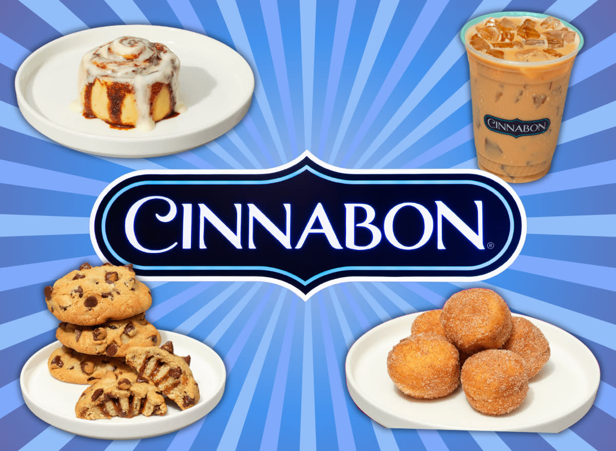 Cinnabon menu round-up with collage of menu items around a cinnabon sign