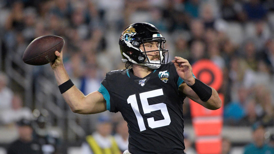 Mandatory Credit: Photo by Phelan M Ebenhack/AP/Shutterstock (10516685b)Jacksonville Jaguars quarterback Gardner Minshew II (15) throws a pass during the second half of an NFL football game against the Indianapolis Colts, in Jacksonville, FlaJaguars Football, Jacksonville, USA - 29 Dec 2019.