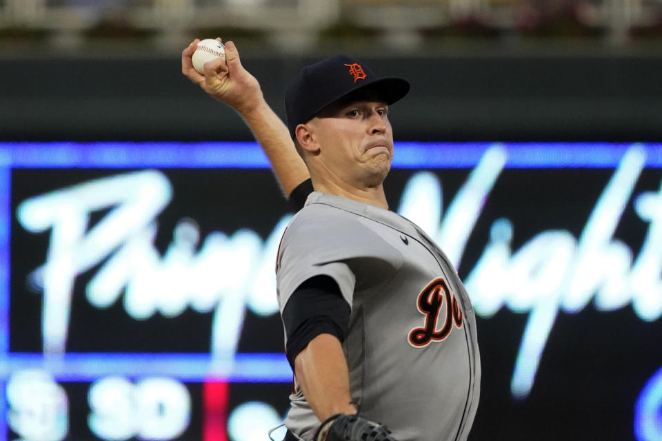 Detroit Tigers pitcher Tarik Skubal throws against the Minnesota Twins in the first inning of a baseball game, Thursday, Sept. 30, 2021, in Minneapolis. (AP Photo/Jim Mone)