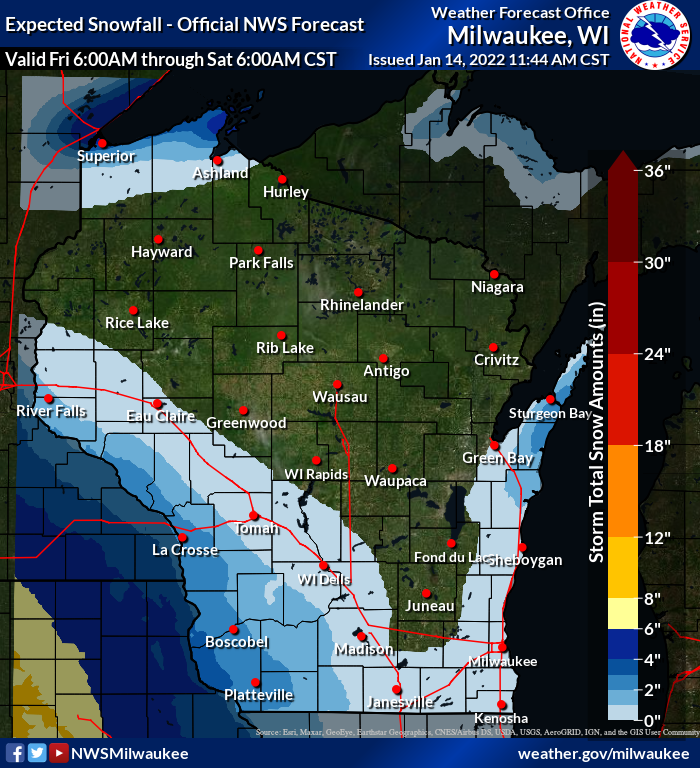 Light snow is forecast for areas of Wisconsin along Lake Michigan and Lake Superior as well as portions of far southwest Wisconsin on Friday.