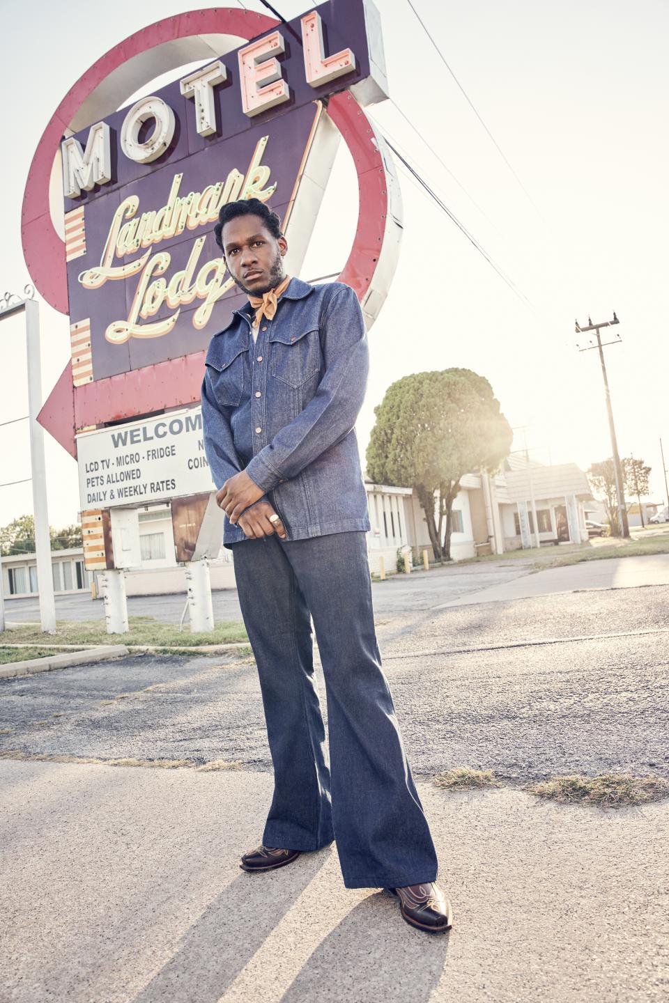 Leon Bridges models pieces from his Wrangler denim collection.