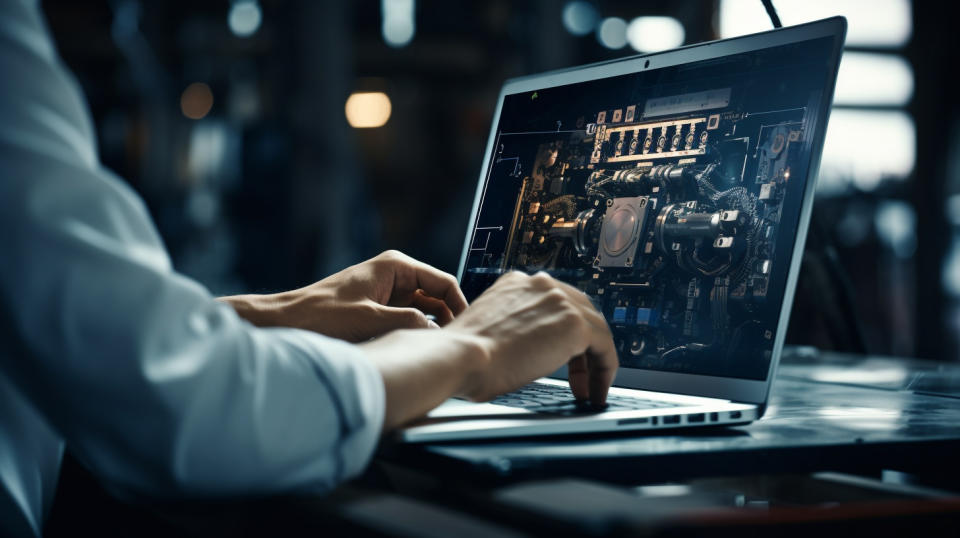 A close-up of an engineer using a laptop, delicately adjusting the settings of a connected machine.