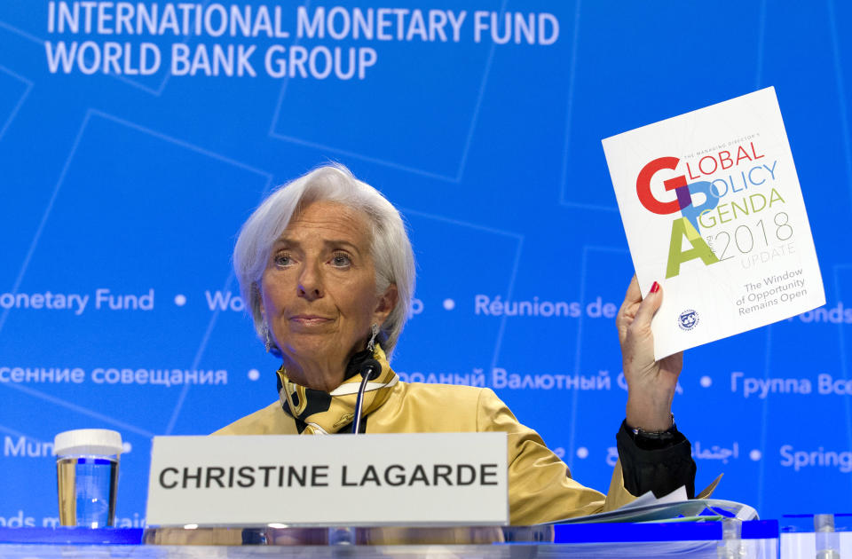 International Monetary Fund (IMF) Managing Director Christine Lagarde speaks during a news conference at the World Bank/IMF Spring Meetings in Washington, Thursday, April 19, 2018. (AP Photo/Jose Luis Magana)