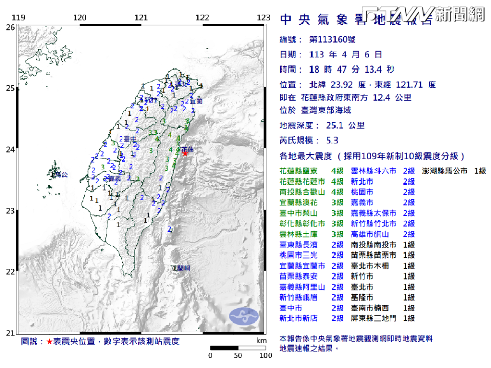 晚間6點47分，花蓮縣政府東南方12.4公里台灣東部海域，再度發生芮氏規模5.3地震。（圖／中央氣象署）