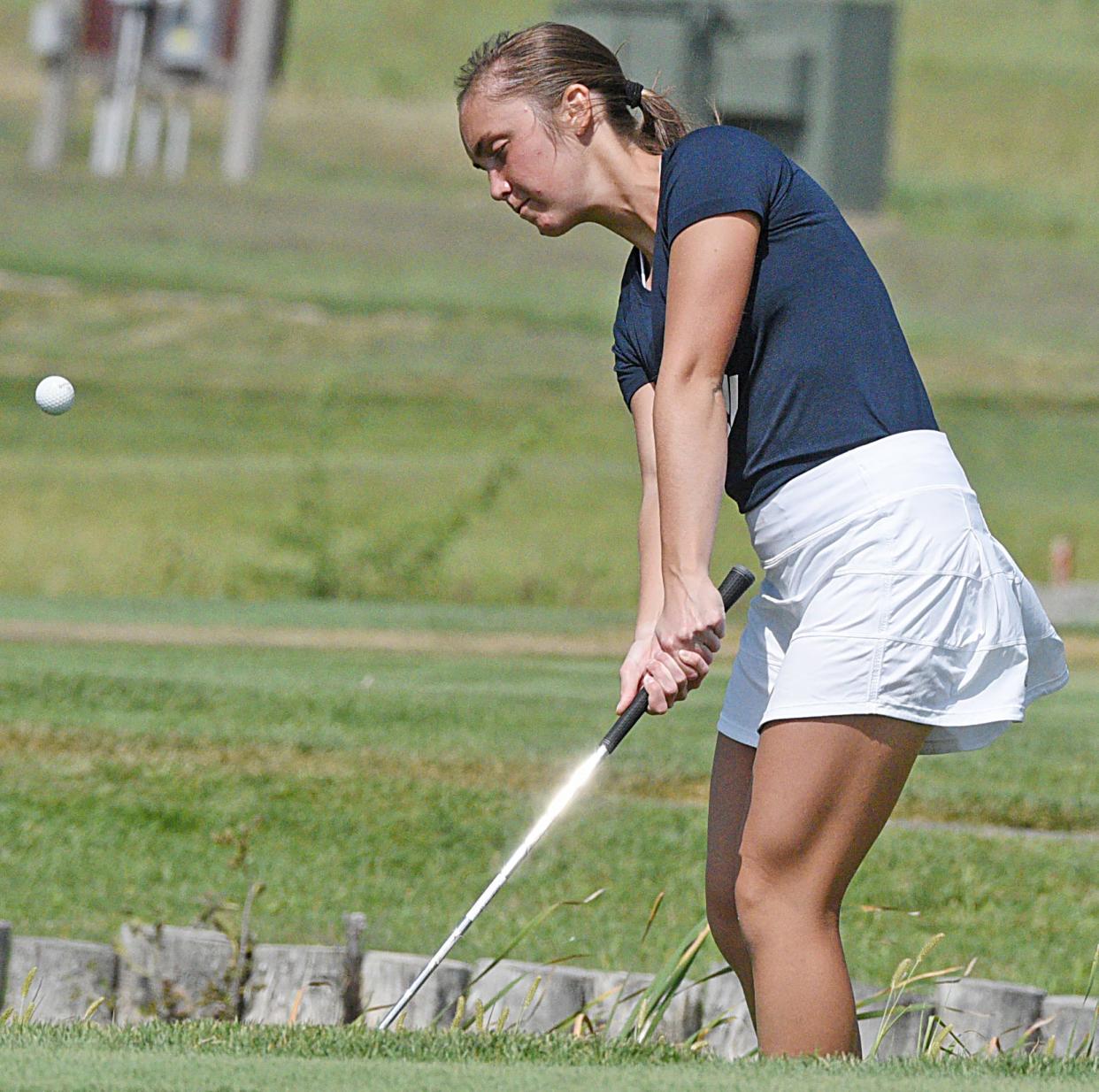 Mount Marty's Kelsey Heath hits a shot toward the the No. 9 green during the opening round of the 2023 Mount Marty Invitational women's golf tournament recently at Fox Run Golf Course in Yankton. Heath is a junior from Sisseton.