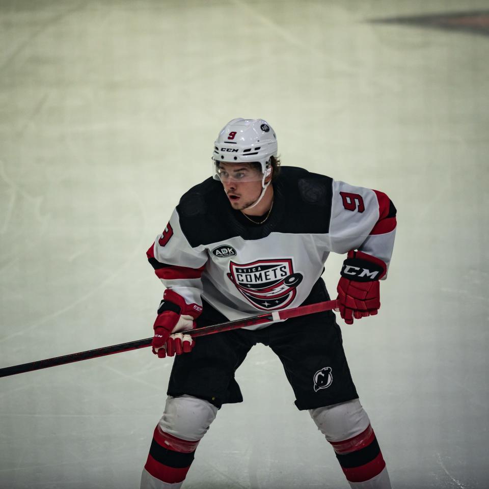 Alexander Holtz (9) waits for an opportunity for the Utica Comets against the Rochester Americans during the 2022 Calder Cup Playoffs on Thursday, May 19, 2022 at the Adirondack Bank Center in Utica. 