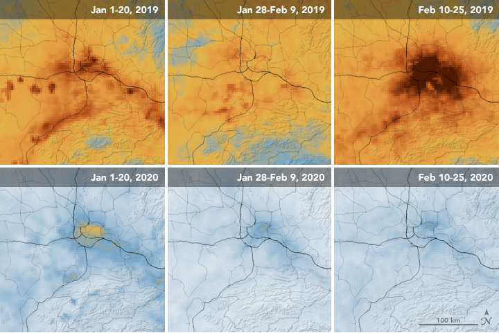 Satellite images in the top row from January 1 to February 25 last year, showing air pollution covering China. The bottom three photos show the same time this year with pollution clearing up.