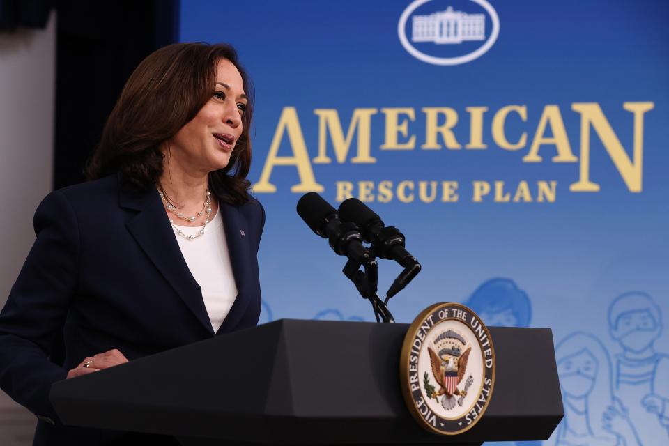 Vice President Kamala Harris delivers remarks about the Biden administration's decision to release $39 billion of American Rescue Plan funds to address the child care crisis caused by COVID-19 in the Eisenhower Executive Office Building on April 15, 2021, in Washington, D.C.