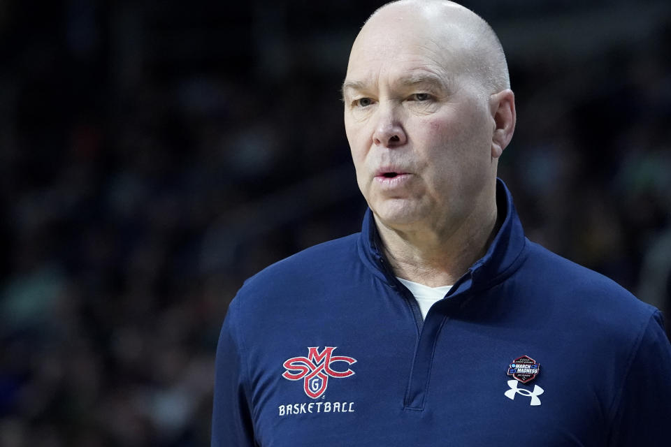 St. Mary's head coach Randy Bennett works the bench in the first half of a first-round college basketball game against Virginia Commonwealth in the NCAA Tournament, Friday, March 17, 2023, in Albany, N.Y. (AP Photo/John Minchillo)