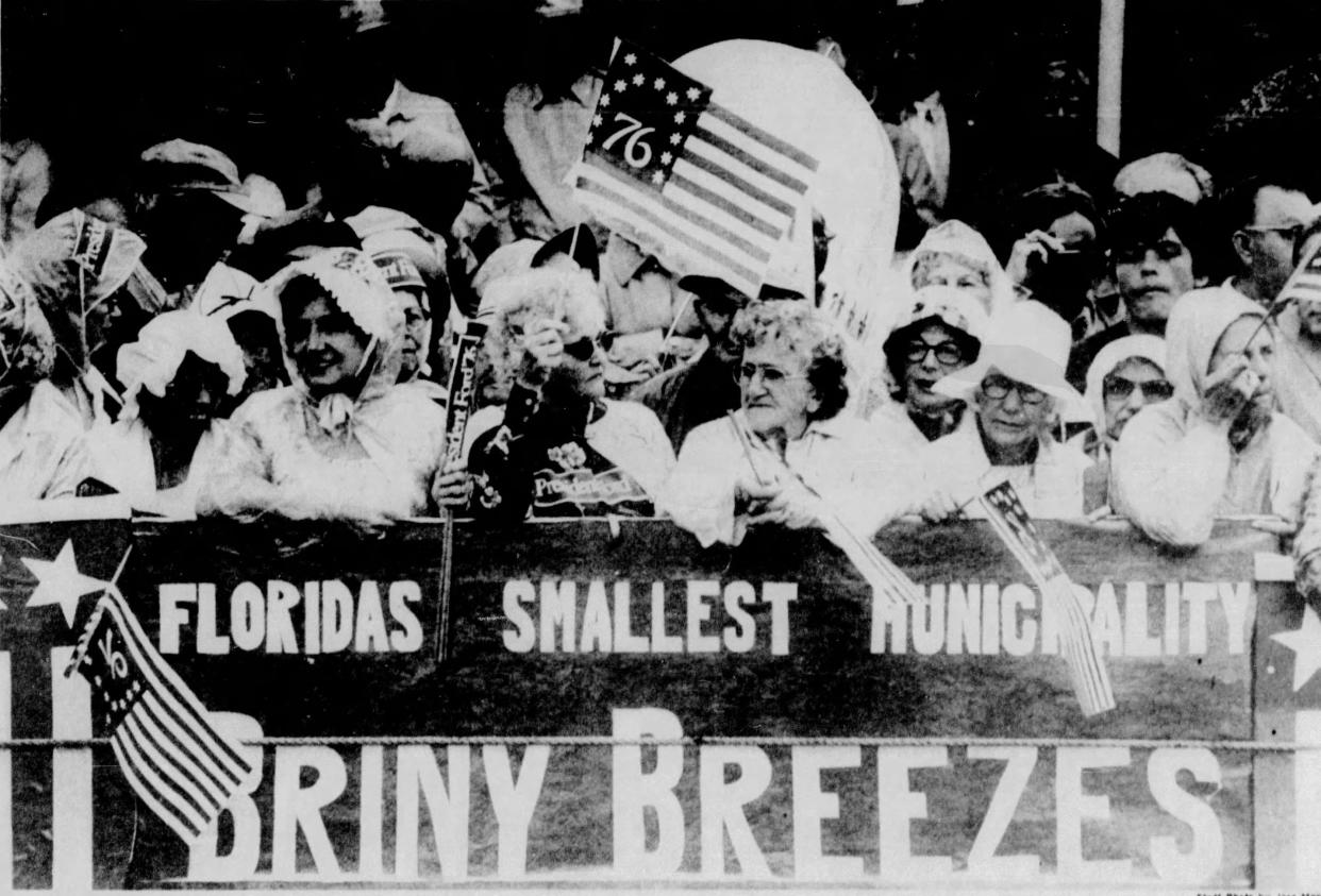 Locals in Briny Breezes cheer President Gerald R. Ford's visit to Palm Beach County in February 1976.