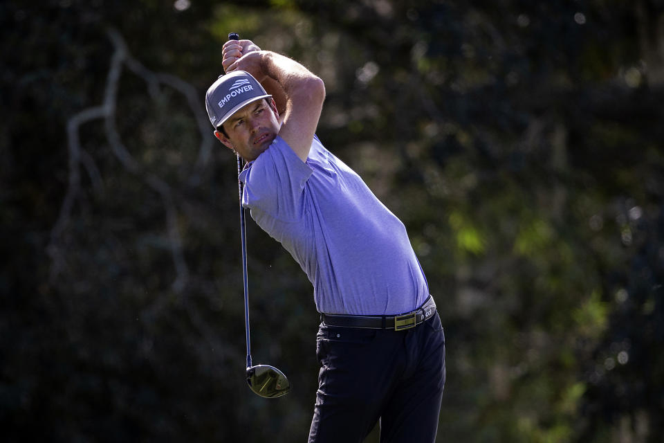 Robert Streb drives his ball off the second tee during final round of the RSM Classic golf tournament, Sunday, Nov. 22, 2020, in St. Simons Island, Ga. (AP Photo/Stephen B. Morton)