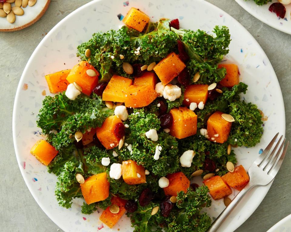 <p>This <a href="https://www.delish.com/cooking/g3003/butternut-squash/" rel="nofollow noopener" target="_blank" data-ylk="slk:butternut squash;elm:context_link;itc:0;sec:content-canvas" class="link ">butternut squash</a> and <a href="https://www.delish.com/cooking/g39461965/kale-recipes-and-ideas/" rel="nofollow noopener" target="_blank" data-ylk="slk:kale;elm:context_link;itc:0;sec:content-canvas" class="link ">kale</a>-packed salad makes a beautiful side dish, but top it with <a href="https://www.delish.com/cooking/g577/recipes-with-rotisserie-chicken/" rel="nofollow noopener" target="_blank" data-ylk="slk:rotisserie chicken;elm:context_link;itc:0;sec:content-canvas" class="link ">rotisserie chicken</a>, <a href="https://www.delish.com/cooking/recipe-ideas/g2768/shrimp-recipes/" rel="nofollow noopener" target="_blank" data-ylk="slk:shrimp;elm:context_link;itc:0;sec:content-canvas" class="link ">shrimp</a>, or a <a href="https://www.delish.com/cooking/recipe-ideas/a23499380/how-to-fry-an-egg/" rel="nofollow noopener" target="_blank" data-ylk="slk:fried egg;elm:context_link;itc:0;sec:content-canvas" class="link ">fried egg</a> to make it a full meal. Because kale is so sturdy, this dish a great make-ahead meal. (We've eaten it on day three and it was still divine.)</p><p>Get the <strong><a href="https://www.delish.com/cooking/recipe-ideas/a39800628/air-fryer-butternut-squash-recipe/" rel="nofollow noopener" target="_blank" data-ylk="slk:Air Fryer Roasted Butternut Squash & Kale Salad with Balsamic-Maple Dressing recipe;elm:context_link;itc:0;sec:content-canvas" class="link ">Air Fryer Roasted Butternut Squash & Kale Salad with Balsamic-Maple Dressing recipe</a></strong>.</p>