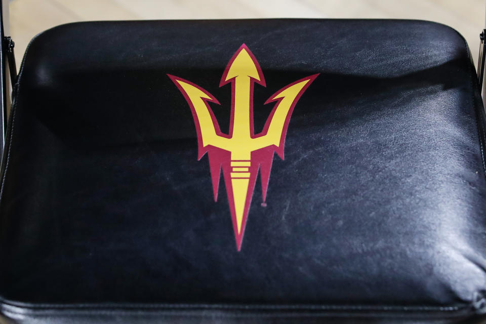 The Arizona State Sun Devils pitchfork logo on a chair.