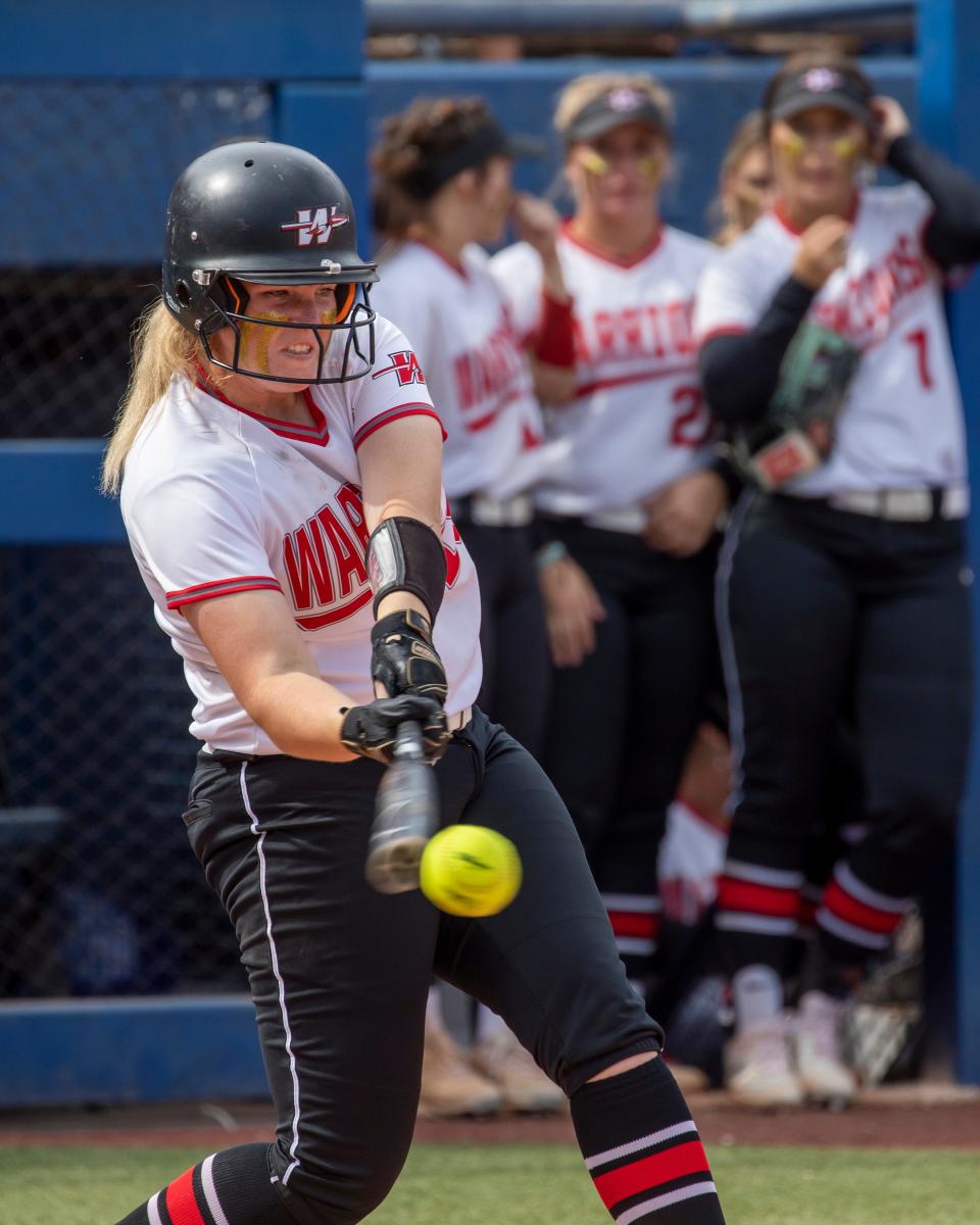 Washington's Maggie Place takes a swing during the Class 3A fastpitch softball state championship game against Tishomingo on Oct. 8 at USA Softball Hall of Fame Stadium in Oklahoma City.