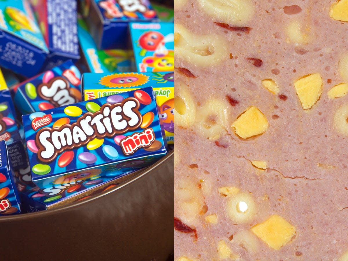 Boxes of Smarties in a tin; Deli meat with macaroni pasta and chunks of cheese in it