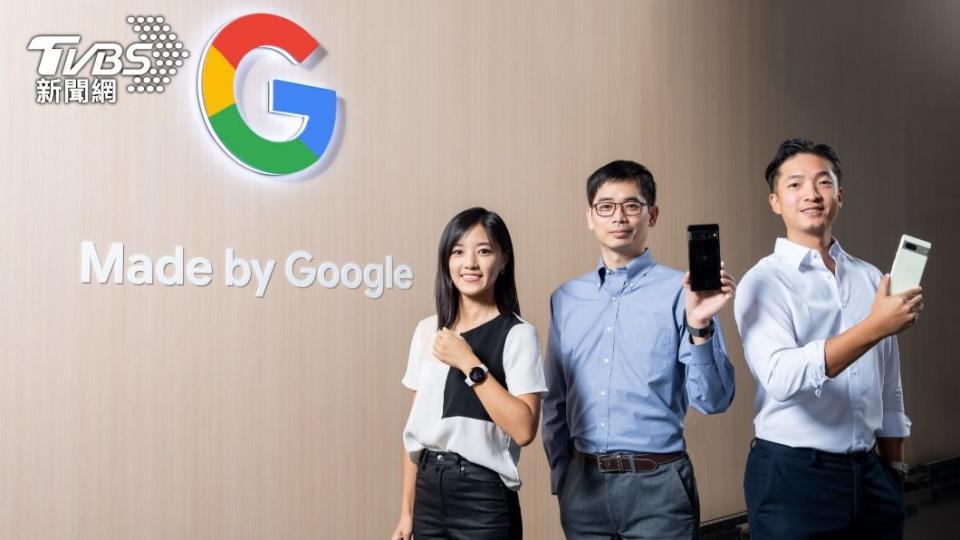 左至右為 Fitbit 穿戴裝置產品經理黃書榆、Google 硬體副總裁彭昱鈞、Pixel 相機產品經理 傅敬文。（圖／Google 提供）