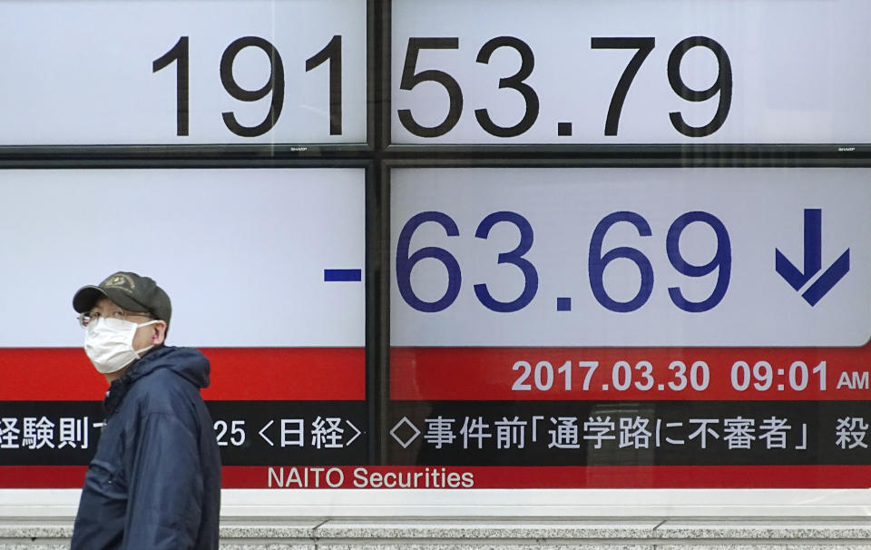 A man walks past an electronic stock board showing Japan's Nikkei 225 index at a securities firm in Tokyo, Thursday, March 30, 2017. Asian stocks are drifting lower on Thursday after a lackluster performance on Wall Street. (AP Photo/Eugene Hoshiko)