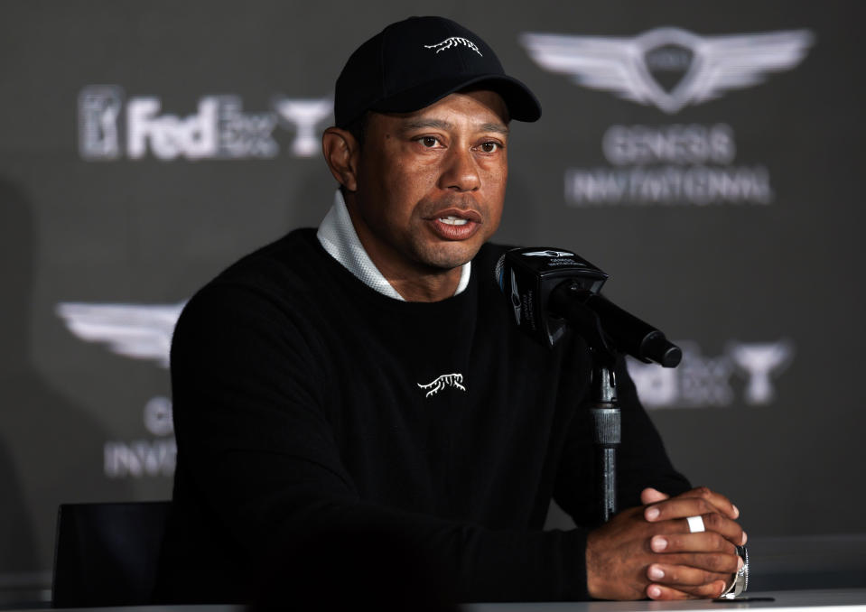 Tiger Woods speaks during a news conference at Riviera Country Club, Wednesday, Feb. 14, 2024, in the Pacific Palisades area of Los Angeles. (AP Photo/Ryan Kang)