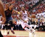 May 23, 2016; Toronto, Ontario, CAN; Toronto Raptors guard DeMar DeRozan (10) tries to dribble the ball past Cleveland Cavaliers forward Channing Frye (9) in game four of the Eastern conference finals of the NBA Playoffs at Air Canada Centre. Mandatory Credit: Dan Hamilton-USA TODAY Sports